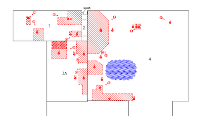 CAD drawing highlightling areas of wet insulation on flat roof